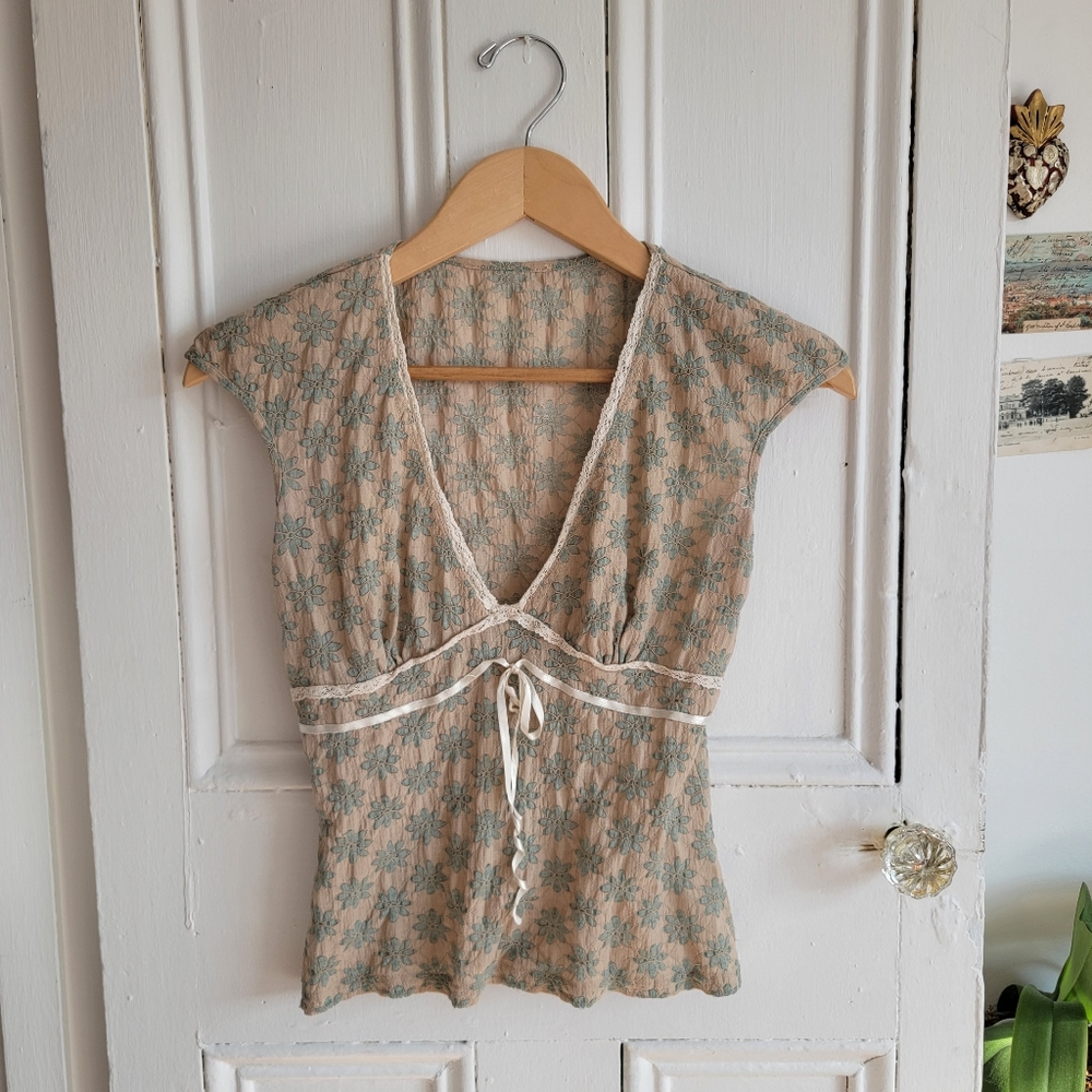 Blue Green and Beige Floral Lace Blouse